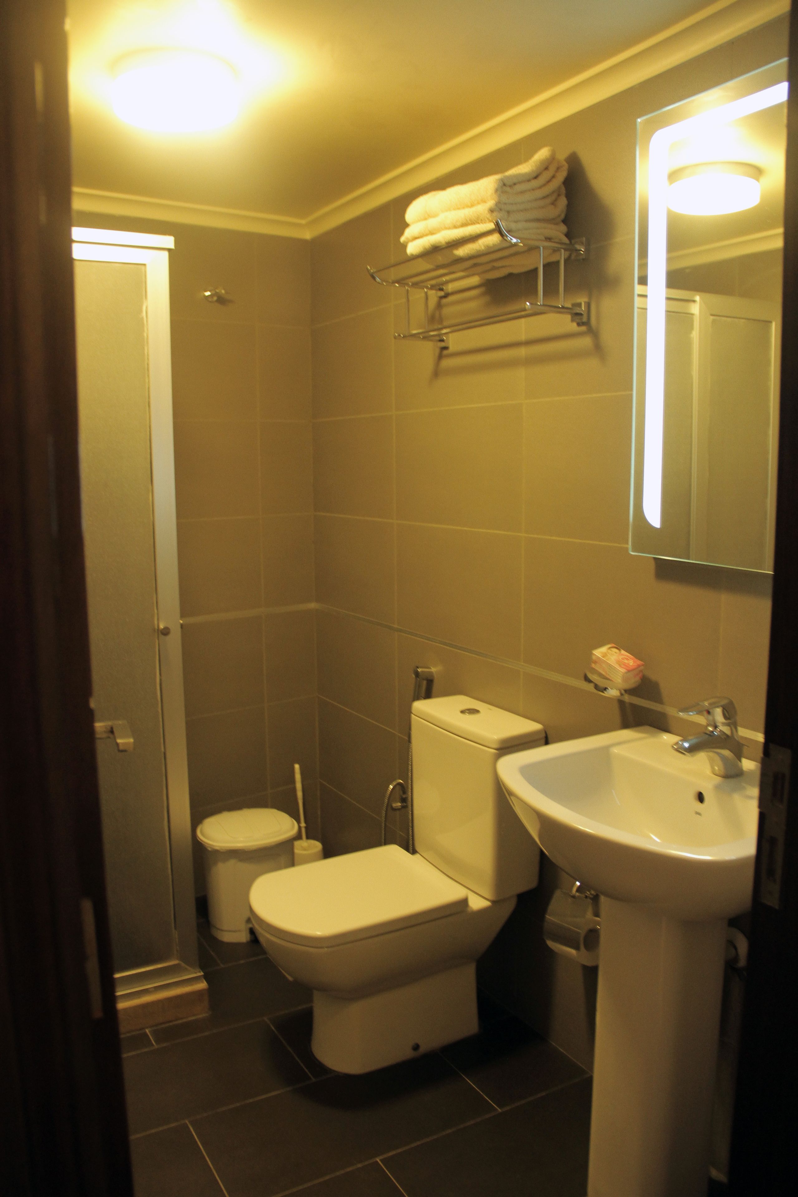 Un baño con inodoro, lavamanos y perchero para toallas.