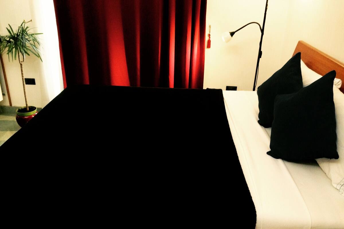 A hotel room with a bed, black pillows, a red curtain, a floor lamp, and a potted plant.