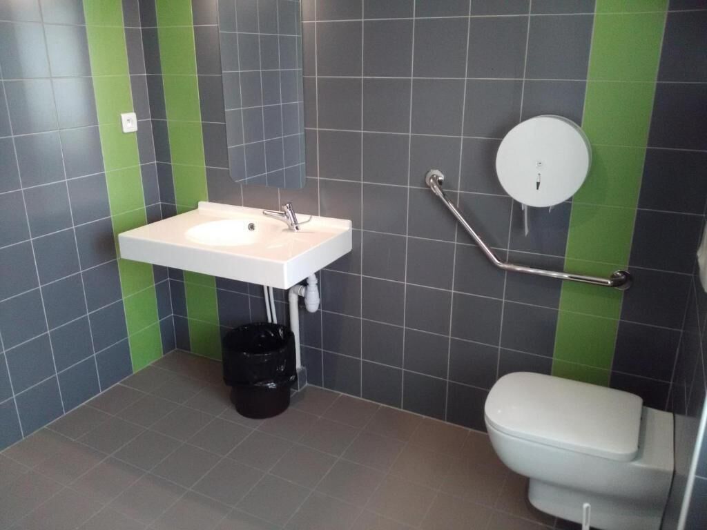 A bathroom with a white sink, a toilet, and a grab bar.
