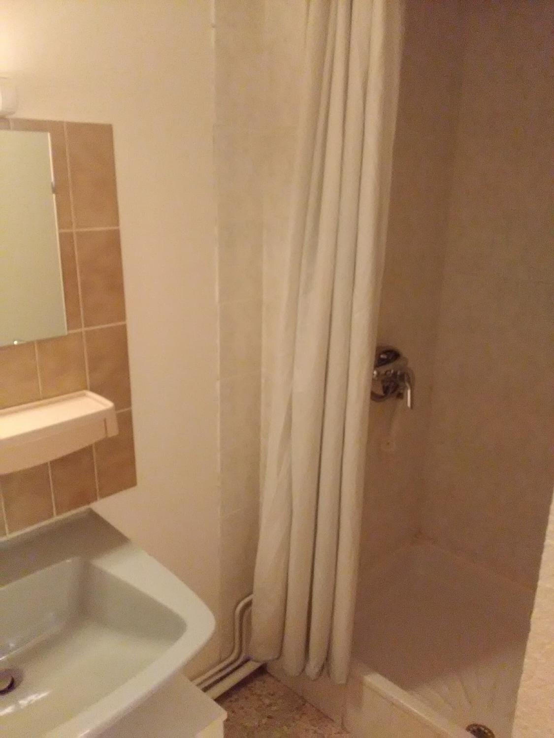 A bathroom with a sink, mirror, and shower curtain.