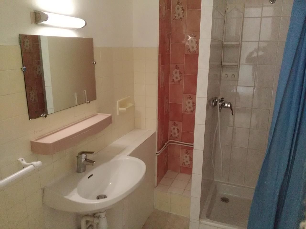 A bathroom with a sink, mirror, and shower.