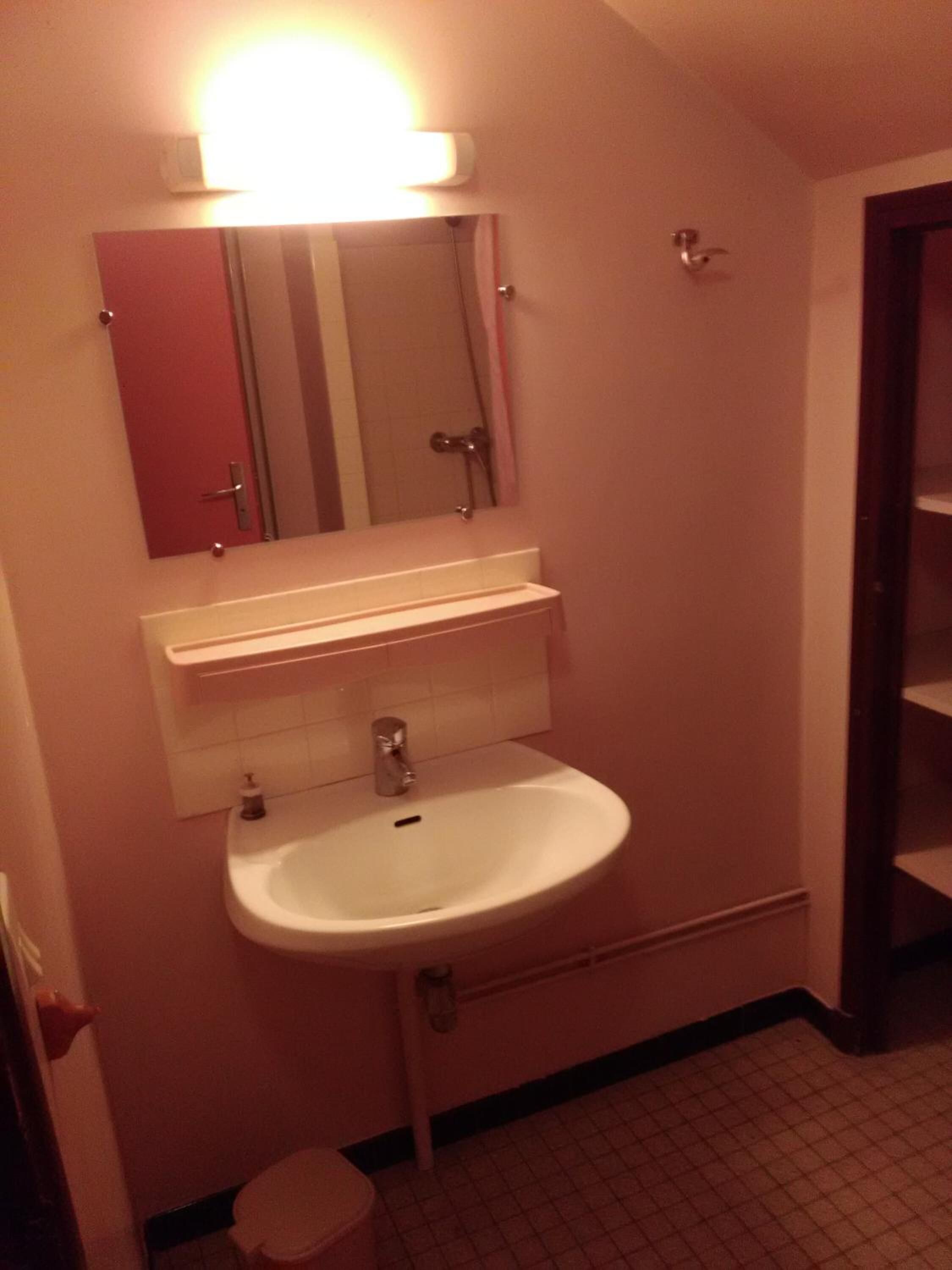 Un baño con lavabo, espejo e inodoro.