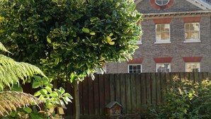 A patio with a round table and two wicker chairs, surrounded by lush greenery and a wooden fence. - Castle Guest House (Dover)
