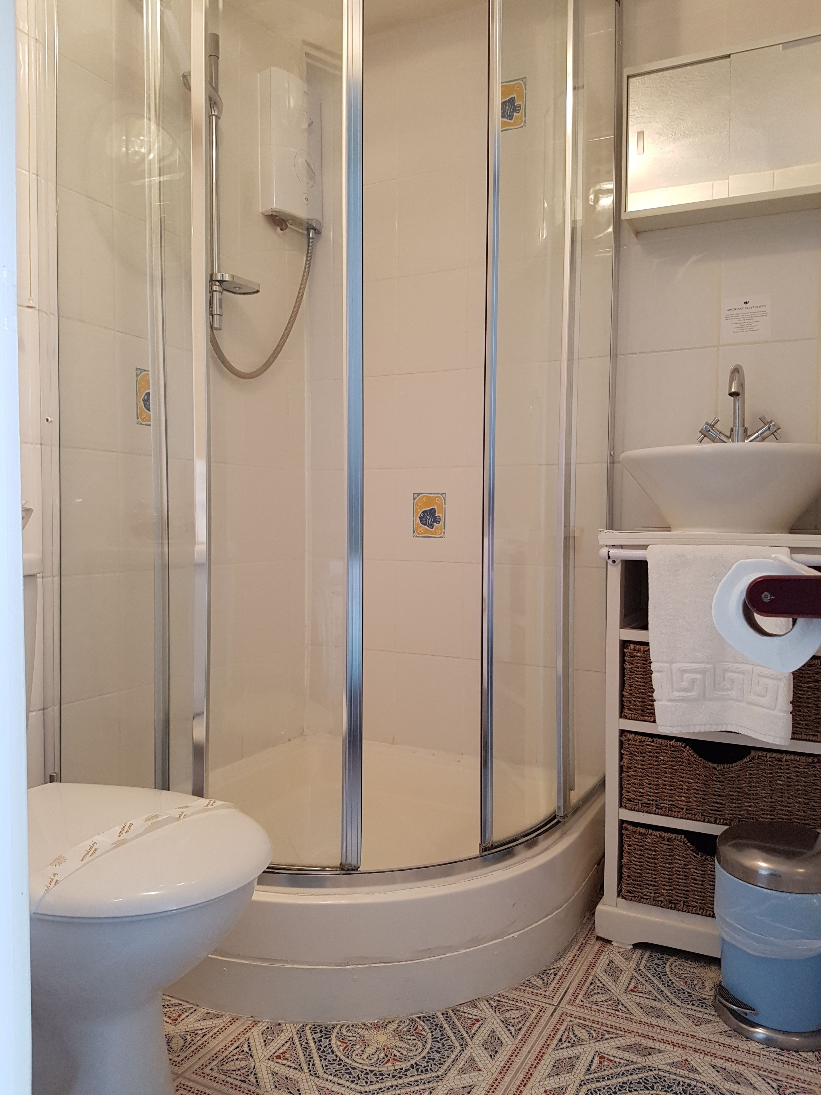 A bathroom with a glass-enclosed shower, a toilet, a sink, and a trash bin.