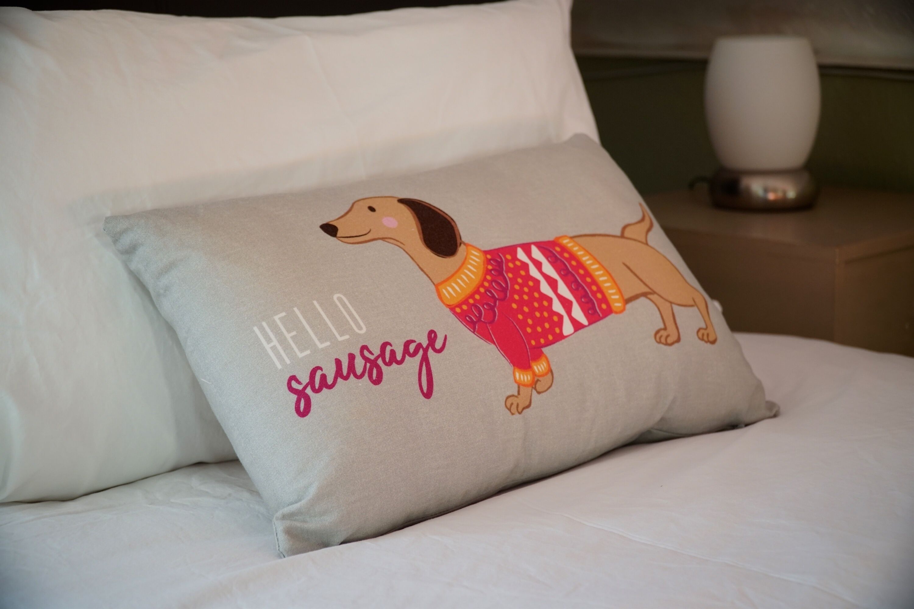 A bed with a pillow featuring a dog illustration and the text "HELLO sausage".