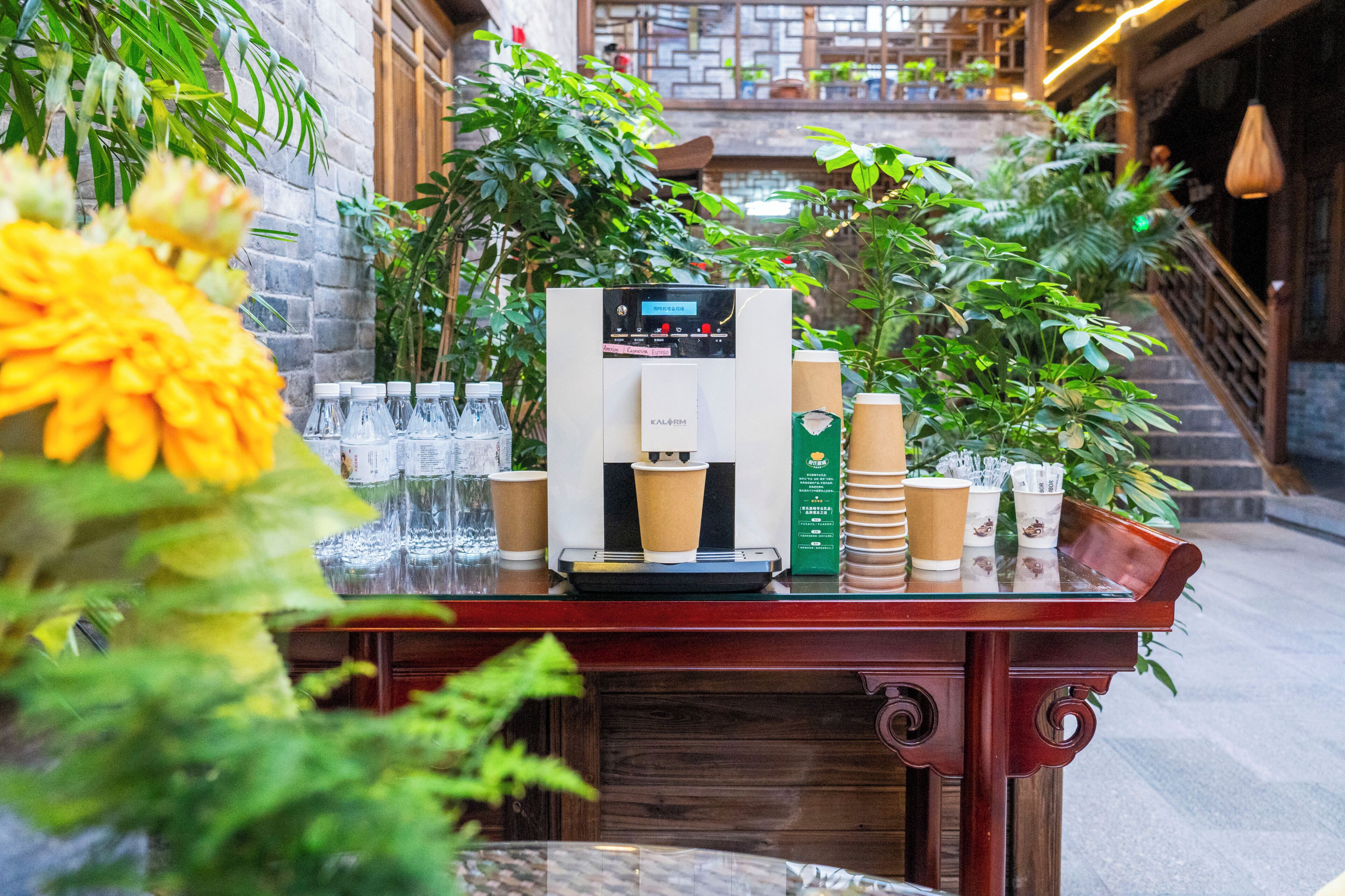 A coffee machine with disposable cups, a scale, and a green bottle on a wooden table with plants.