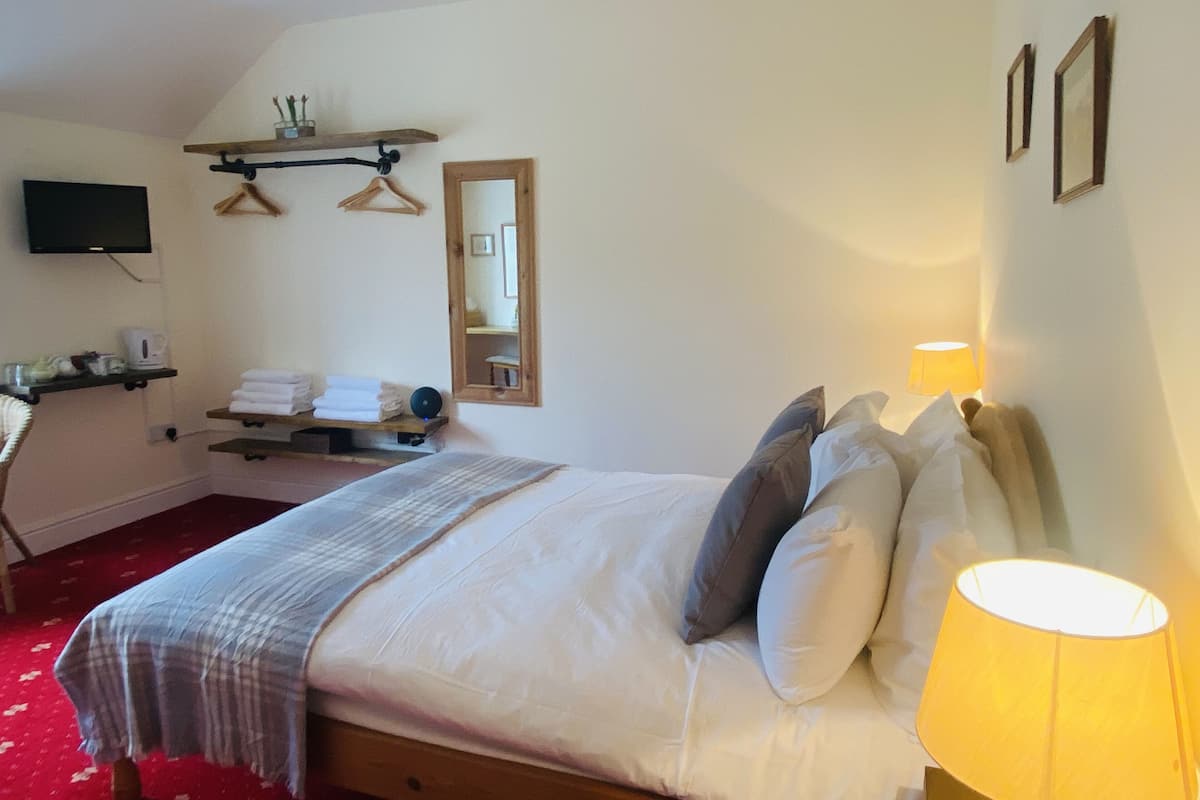 A bedroom with a bed, pillows, a bedside table, a lamp, a TV, a shelf with towels, and a mirror.