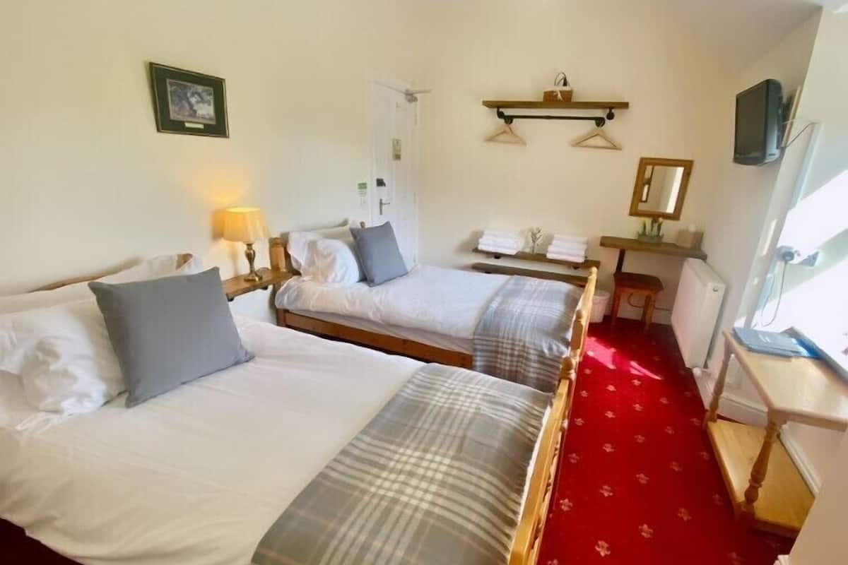A hotel room with two beds, a red carpet, a small table with a lamp, a shelf with towels, and a mirror.