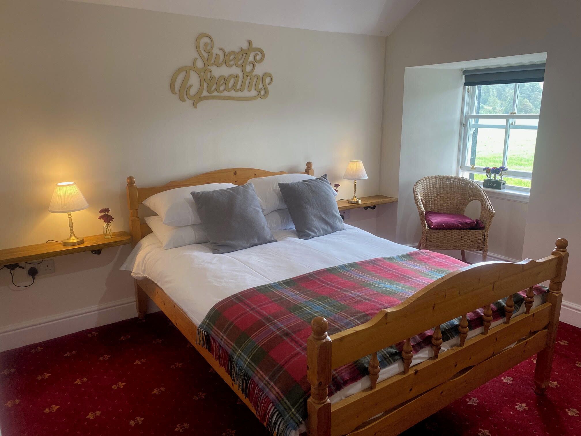 Premium bedding, desk, laptop workspace, blackout curtains