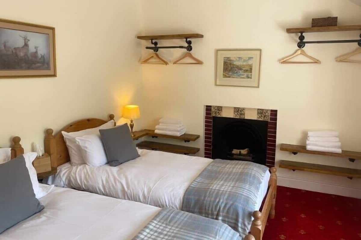 A hotel room with two beds, a fireplace, a painting, and a lamp.