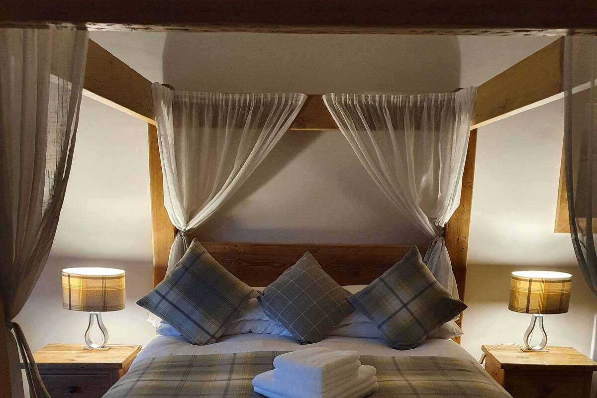 A bed with a canopy, two bedside tables with lamps, and plaid pillows.