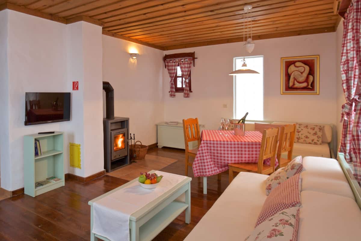 A cozy living room with a fireplace, a television, a dining table with a checkered tablecloth, and a sofa.