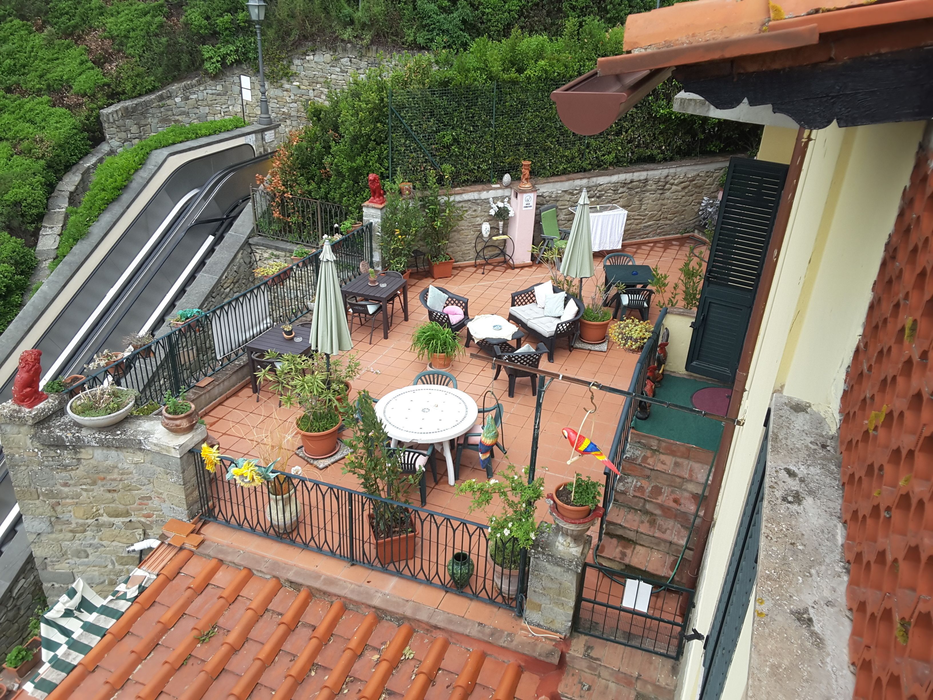 Terraza en la azotea con mobiliario exterior, plantas en macetas y un muro de piedra.