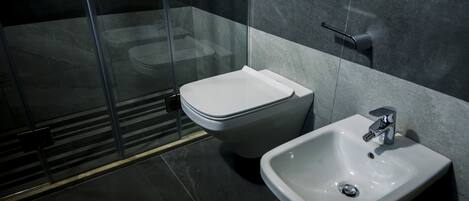 A modern bathroom with a glass shower enclosure, a toilet, and a sink.