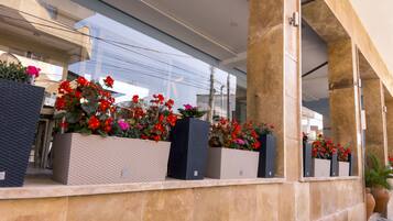 A modern building facade with large windows and a series of planters with red flowers.