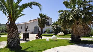 A building with a white facade, palm trees, and spherical decorations in a landscaped garden.