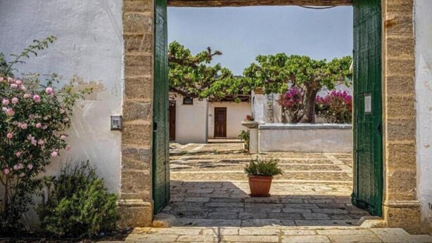 A stone pathway leading to a building with green doors and a potted plant in the center. - Fattoria Manostalla (Partinico)