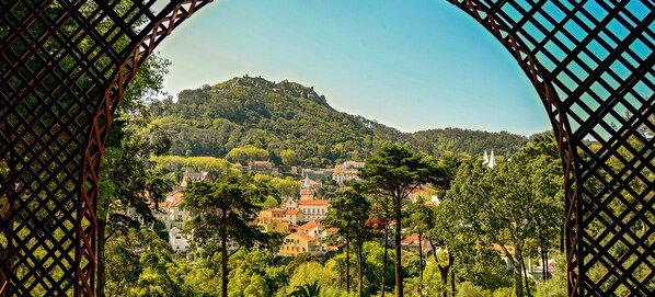 Vista a través de una celosía, mostrando un pueblo con edificios, árboles y una colina con una estructura similar a un castillo.