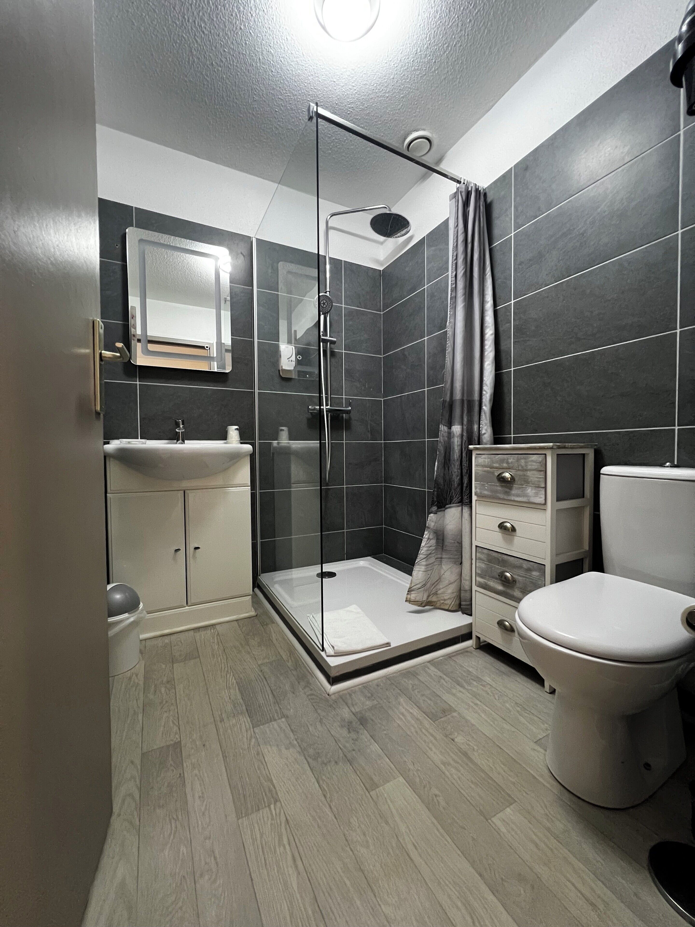 Een moderne badkamer met douche, toilet en wastafel.