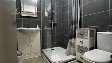 Een moderne badkamer met douche, toilet en wastafel.