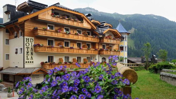 Un hôtel en bois à plusieurs étages, doté de balcons, avec une enseigne indiquant « HÔTEL ALPINA », et un paysage montagneux en arrière-plan.