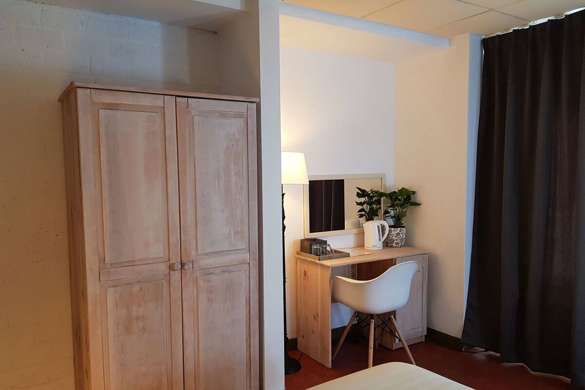 A hotel room with a bed, a desk with a chair, a wardrobe, a lamp, a plant, and a window with curtains.