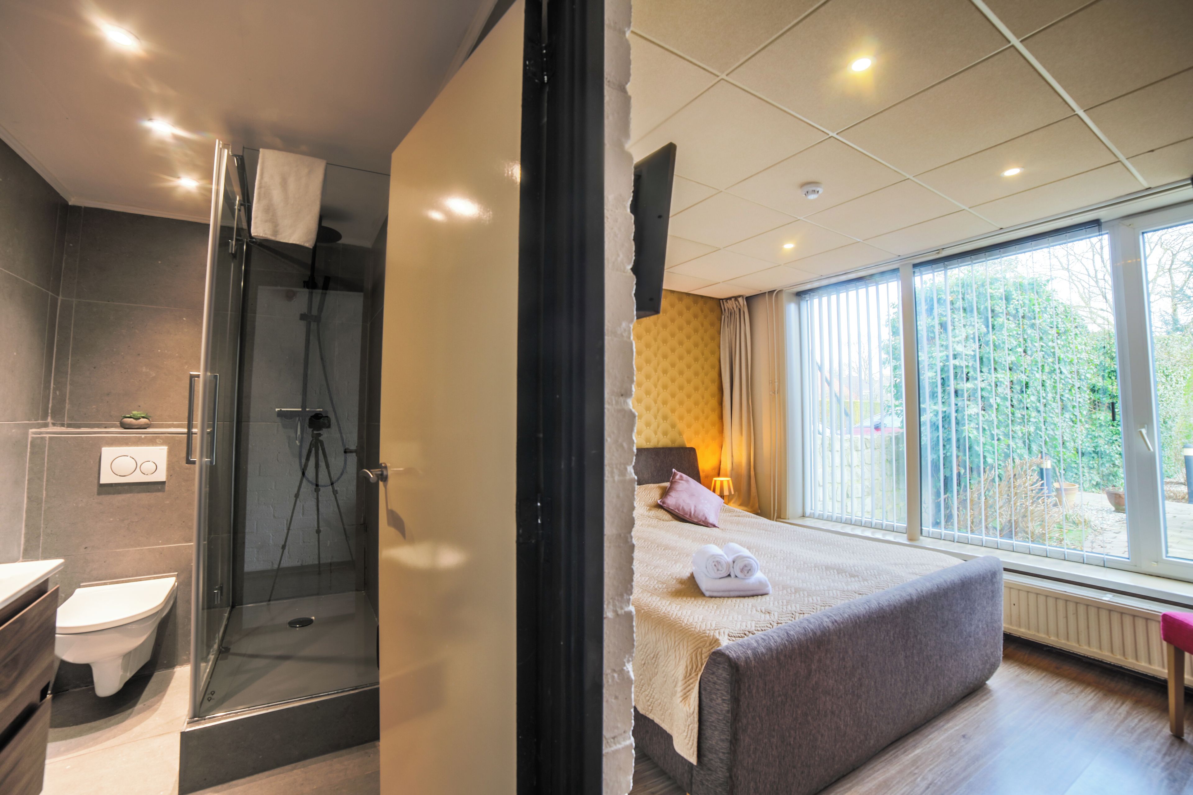 A modern hotel room with a shower, toilet, and a bed with a view of the outdoors.