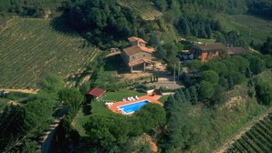 An aerial view of a property with a swimming pool, multiple buildings, and surrounding vineyards. - Azienda Agricola e Agriturismo Vallorsi (Terricciola)