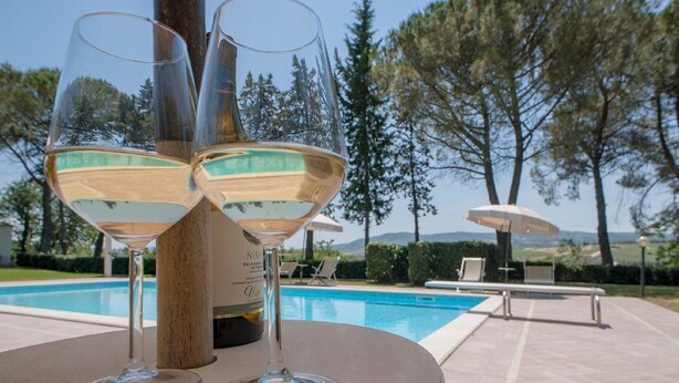 Two wine glasses on a table by a poolside with a view of trees and a clear sky. - Azienda Agricola e Agriturismo Vallorsi (Terricciola)