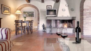 A cozy living room with a fireplace, a dining area with chairs and a table, and a TV mounted on the wall. - Azienda Agricola e Agriturismo Vallorsi (Terricciola)