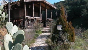 A rustic wooden building with a stone pathway leading to it, surrounded by cacti and shrubs. - A' Cunziria (Vizzini)