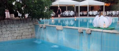 Outdoor pool, pool umbrellas, pool loungers