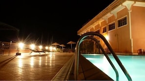 Outdoor pool, pool umbrellas, pool loungers