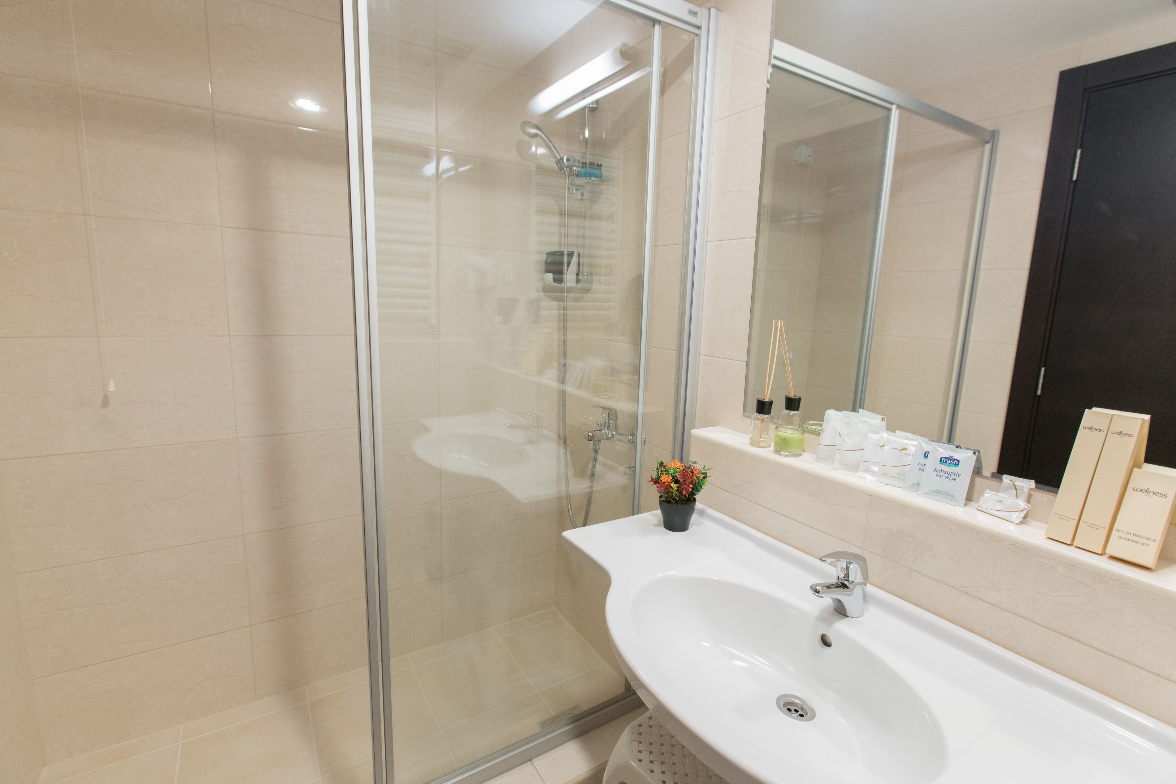 standard double or twin room | bathroom | shower, free toiletries, hair dryer, towels