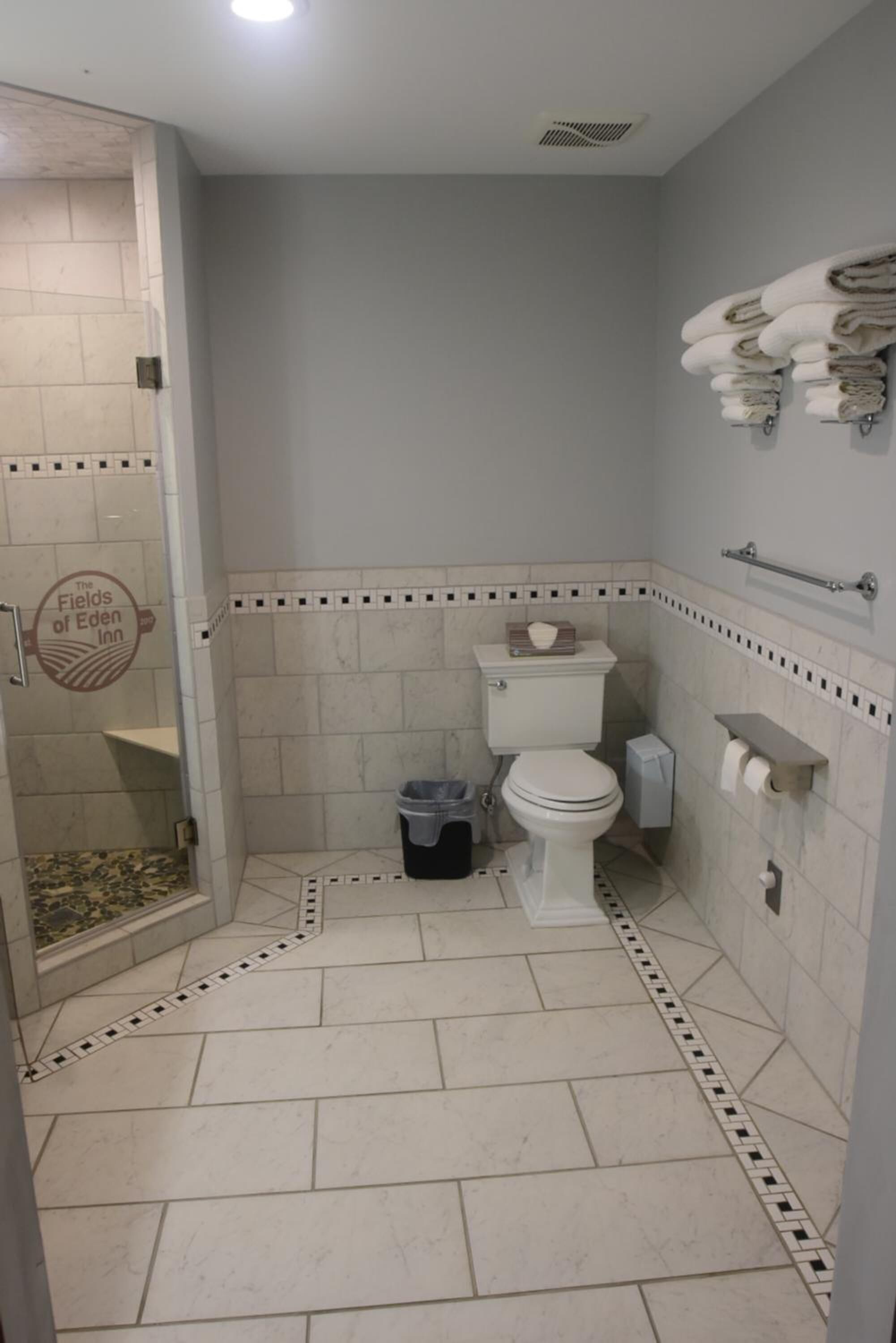 Une salle de bain avec douche, toilettes et porte-serviettes.