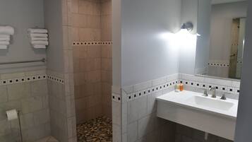 A bathroom with a shower, a sink with a mirror, and a toilet.