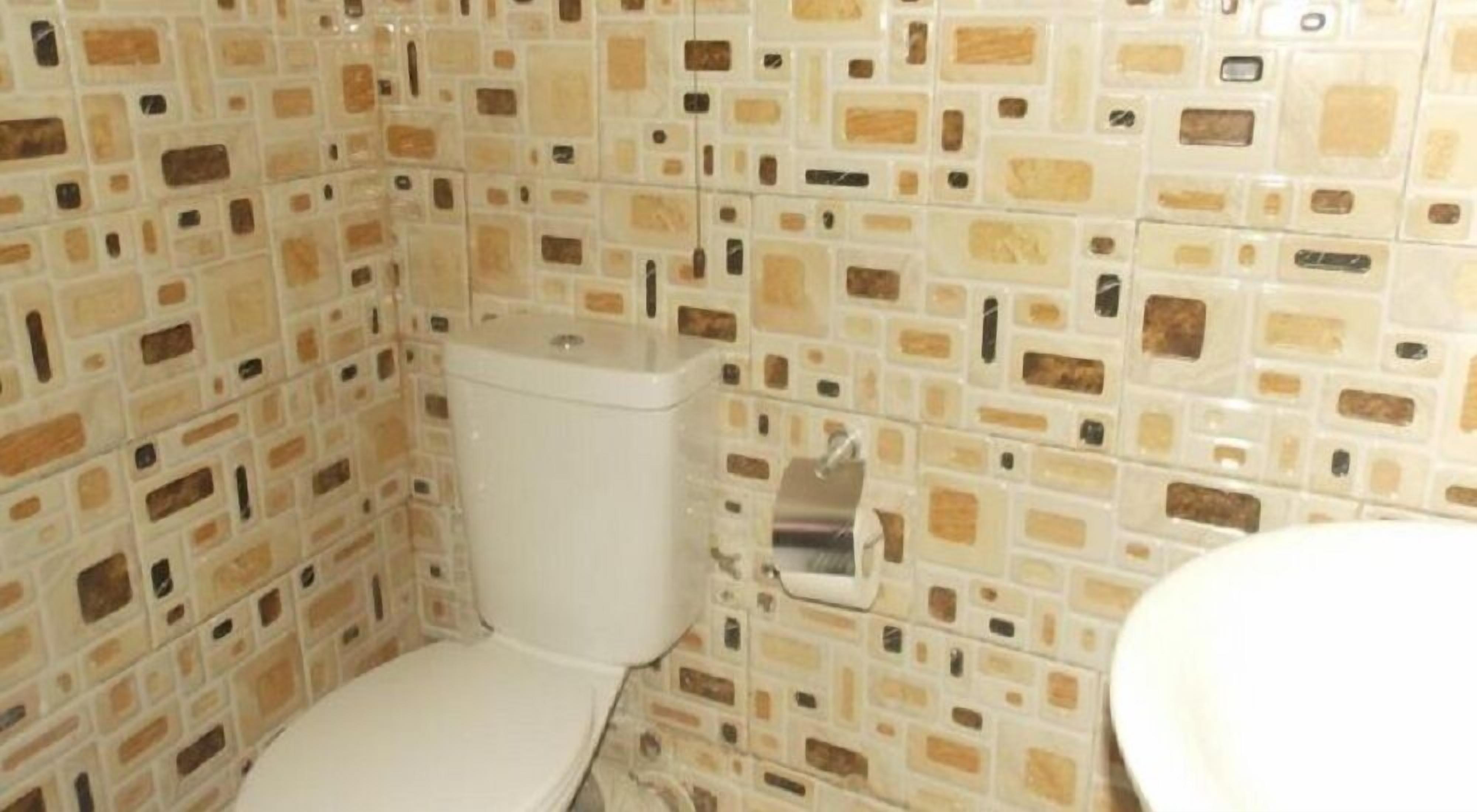 A bathroom with a toilet, a sink, and a mirror. The walls are tiled with a mosaic pattern.