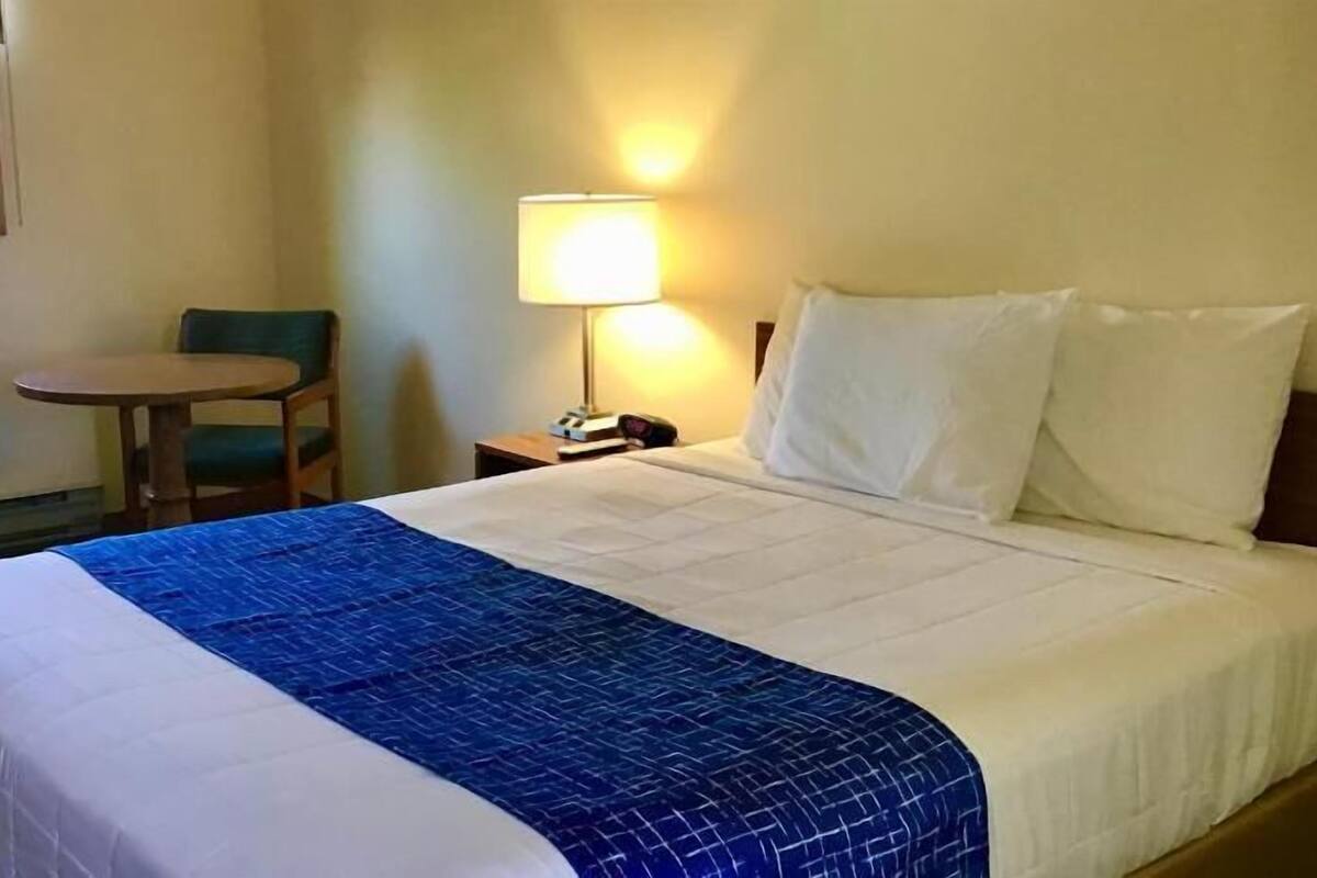 A hotel room with a bed, a desk, a chair, a lamp, and a window.