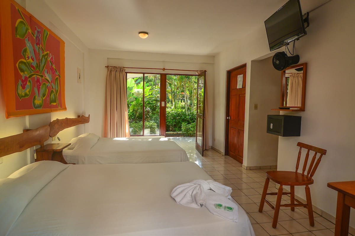 A hotel room with two beds, a TV, a chair, and a view of a garden through a sliding door.