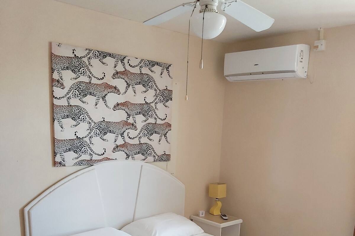 Une chambre d’hôtel avec un lit, un ventilateur de plafond, un climatiseur, une table de chevet avec une lampe et une décoration murale à motifs léopard.