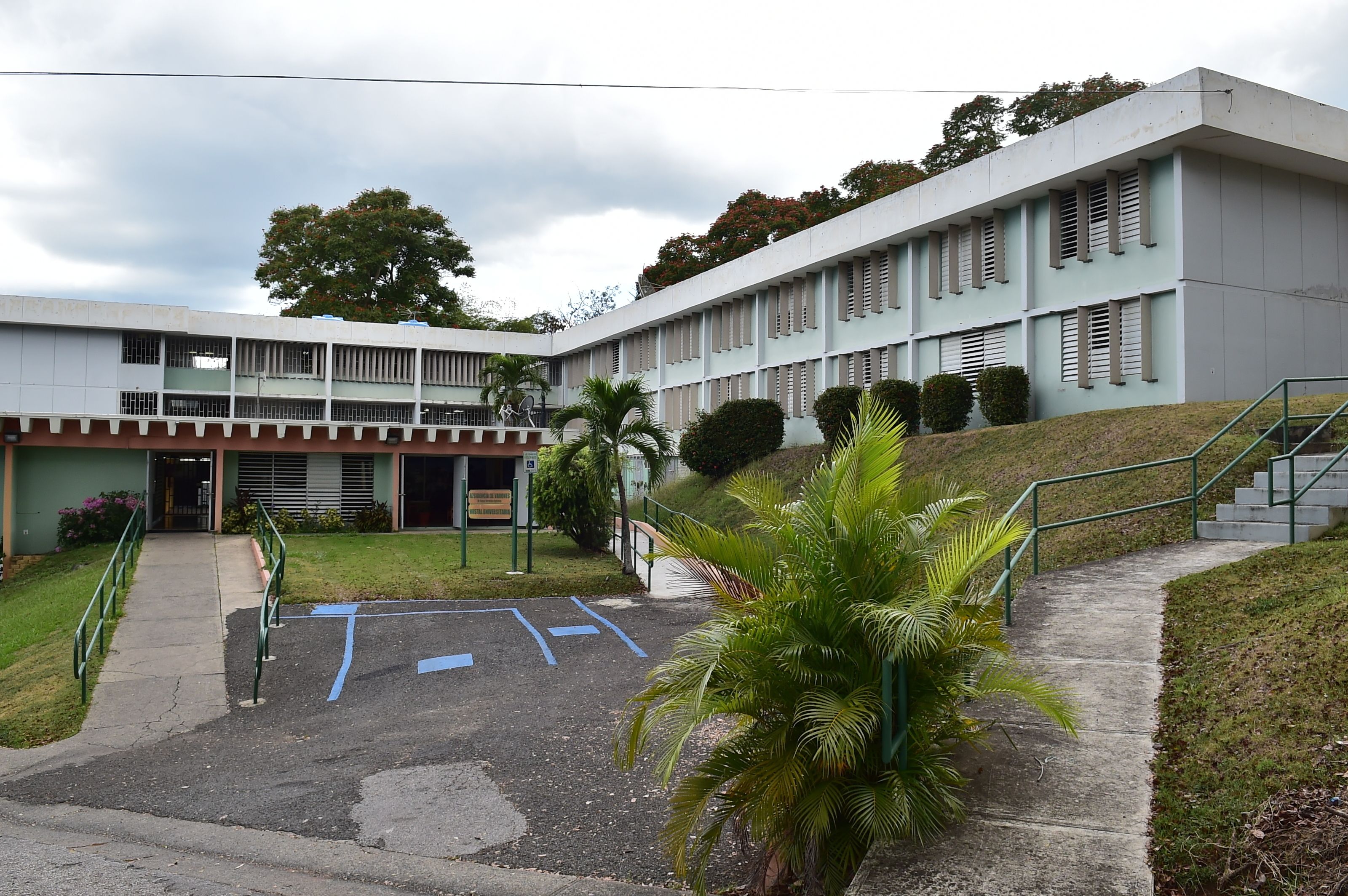 Un edificio con estacionamiento, una escalera y un área verde con palmeras.