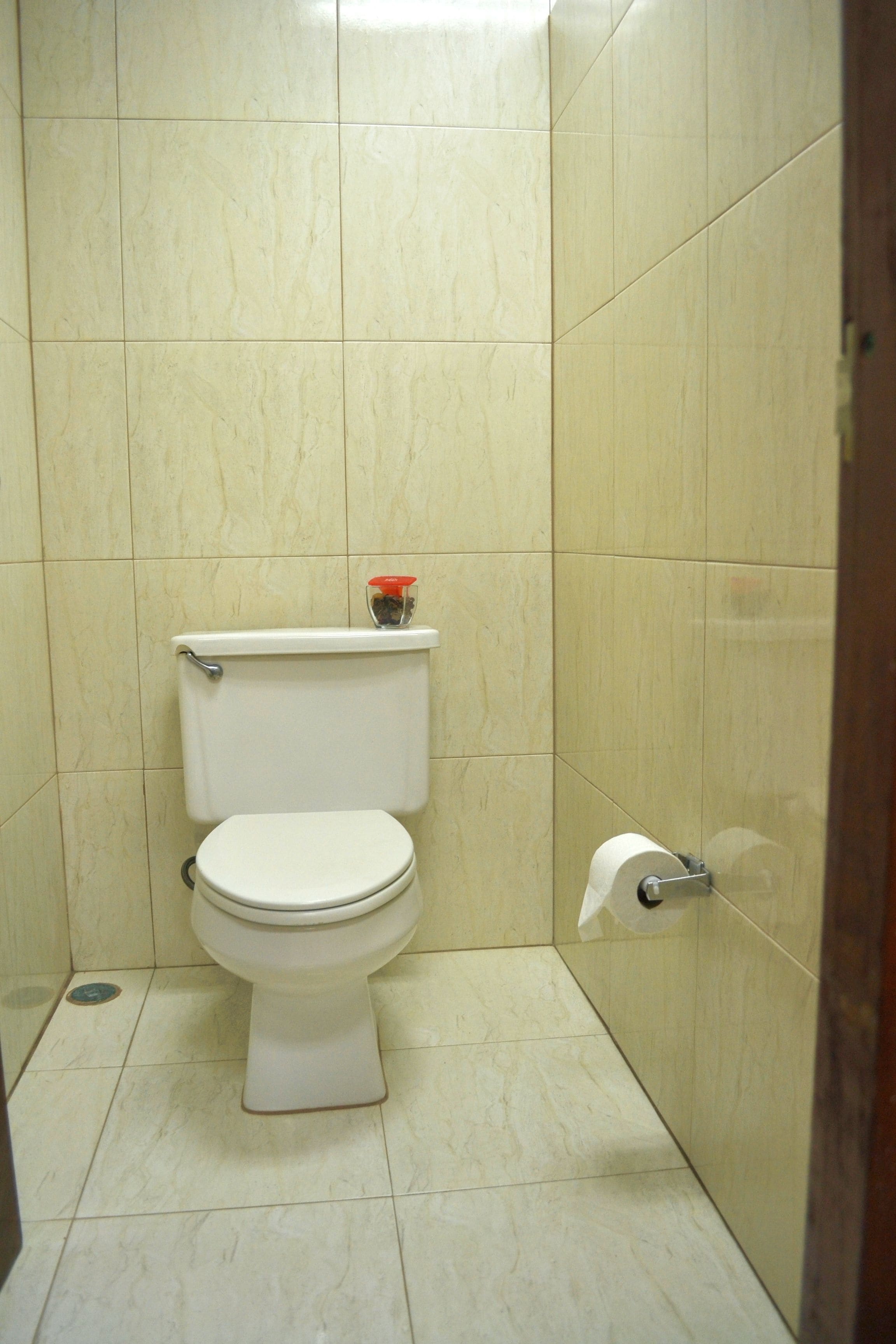 Een kleine, schone badkamer met toilet, toiletrolhouder en een klein plankje met een rood voorwerp erop.