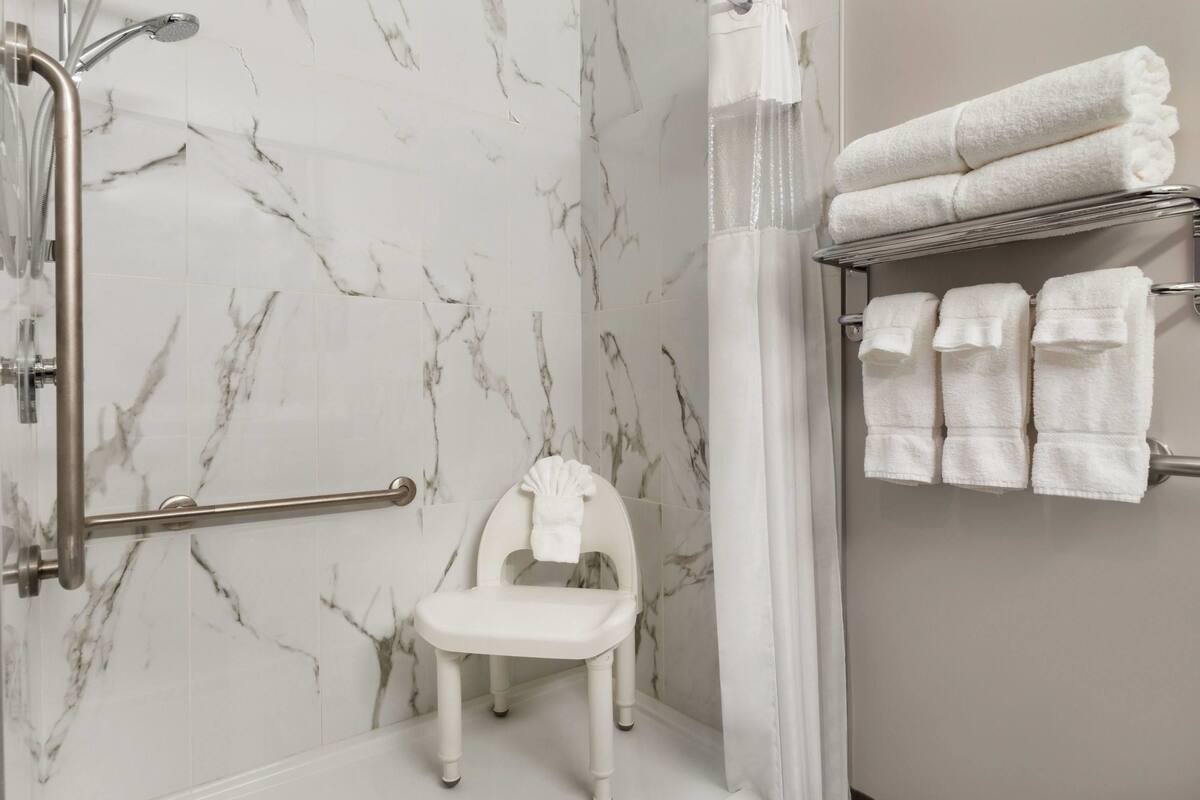 combined shower/bathtub, free toiletries, hair dryer, towels