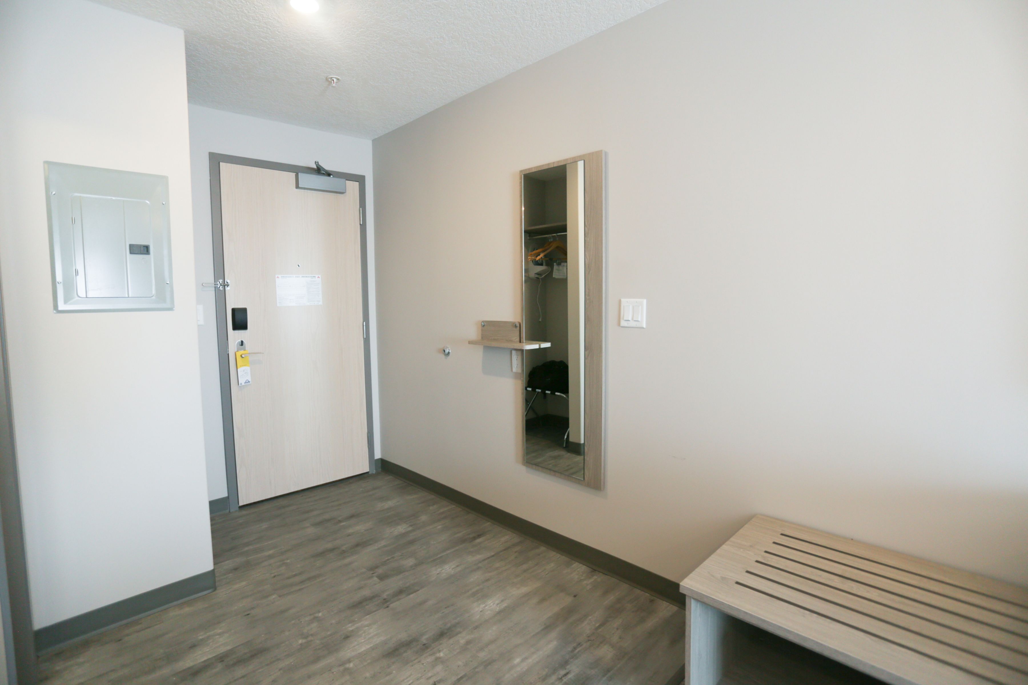 desk, laptop workspace, blackout curtains, iron/ironing board