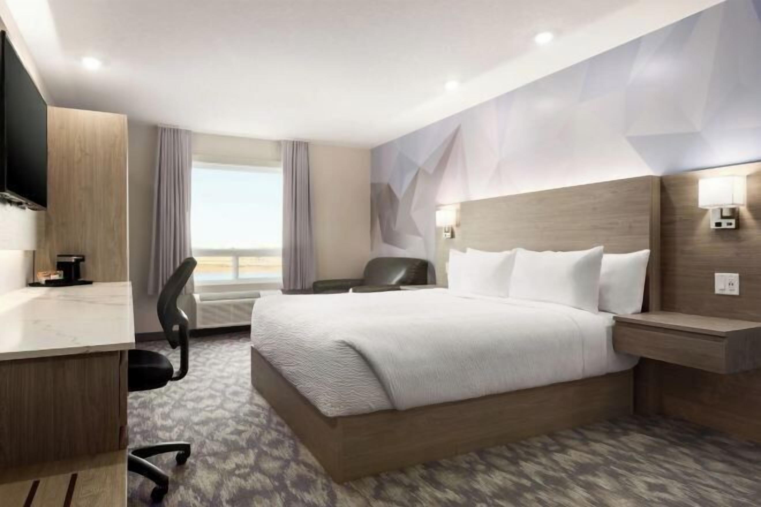 Desk, laptop workspace, blackout drapes, iron/ironing board