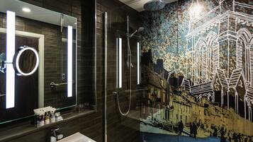 Shower, eco-friendly toiletries, hair dryer, towels