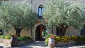 A building with an arched entrance, surrounded by olive trees and flower beds. - Fattoria il Borghetto (Isola di Capo Rizzuto)