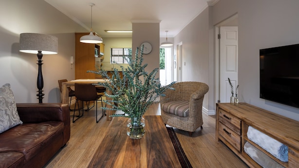 Un salon comprenant une table à manger en bois, un canapé en cuir marron, un fauteuil en osier, un téléviseur fixé au mur et un vase avec une plante.