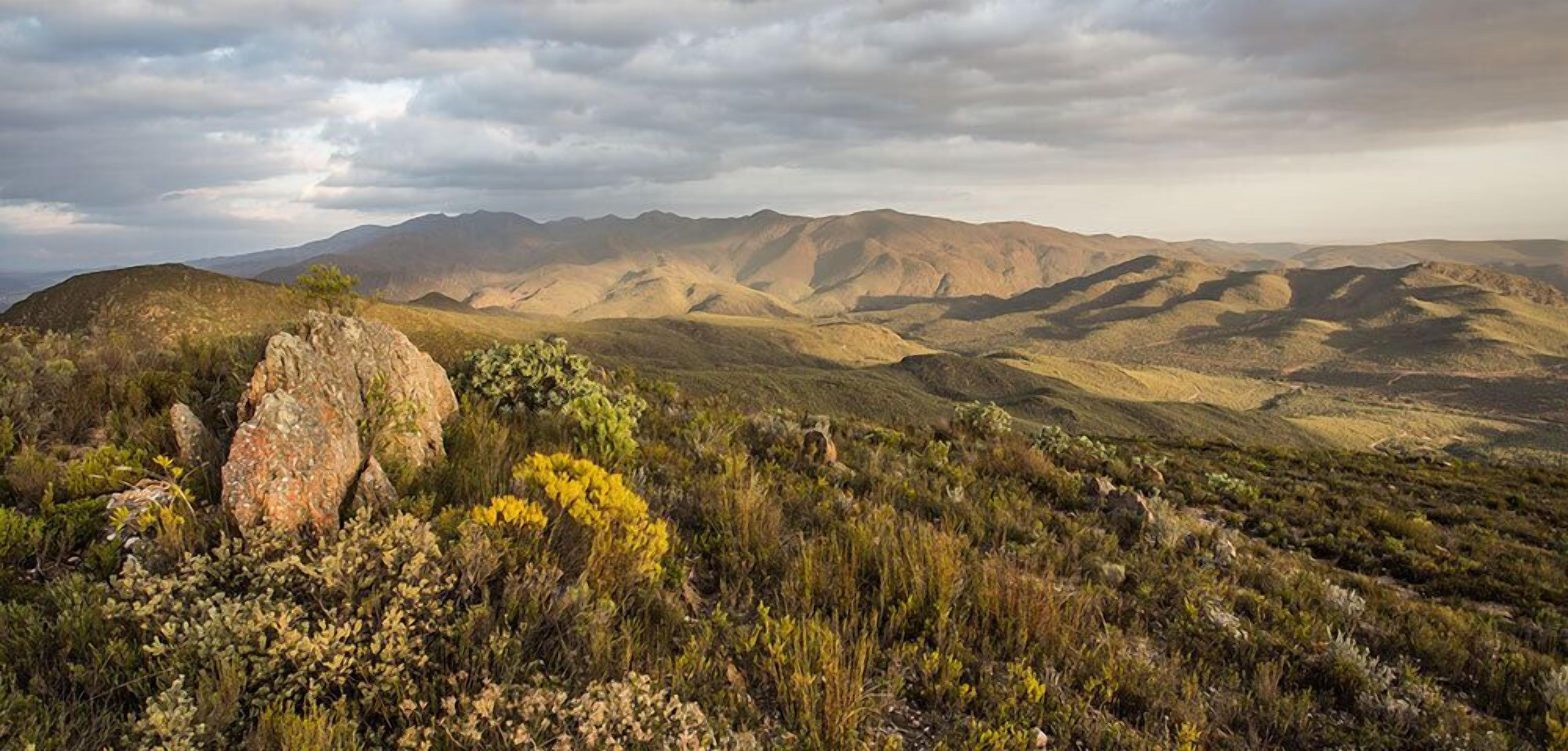 A mountainous landscape with rocky terrain and sparse vegetation.