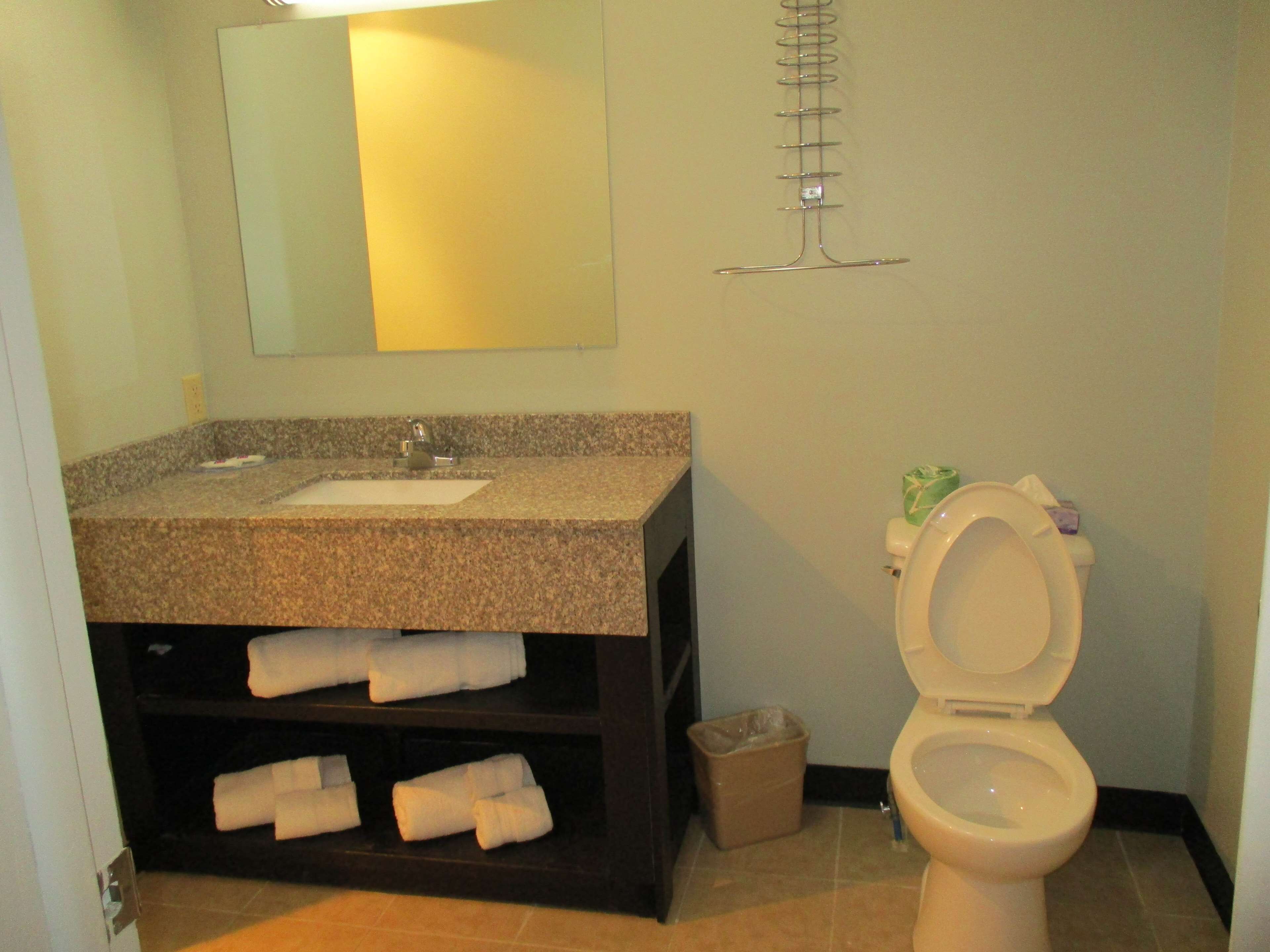 A bathroom with a granite countertop sink, a mirror, a towel rack, a toilet, and a trash bin.